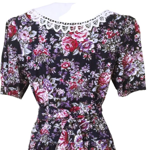 80's Brandywine Creek Dark Floral Prairie Dress Granny Lace Collar 9/10 Puffy SS - Picture 9 of 12